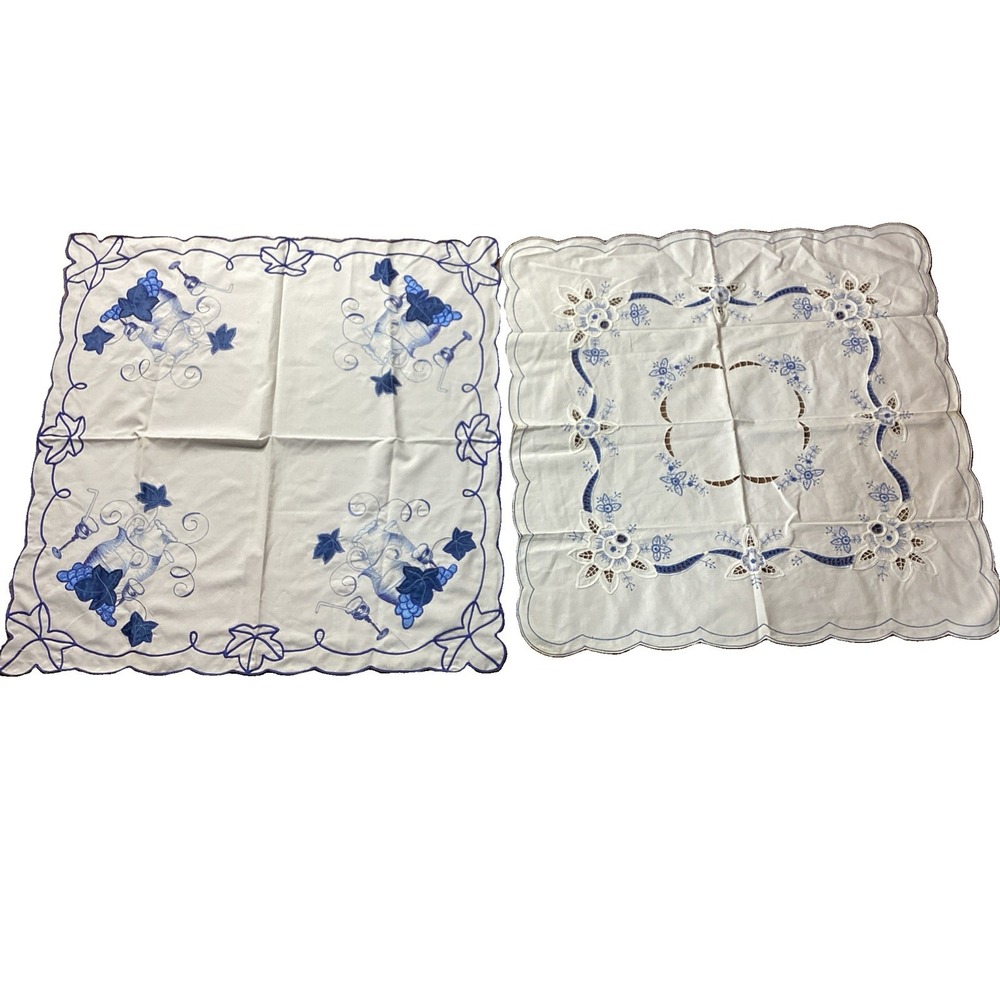 (2) Vintage Embroidered Blue And White Floral Tablecloth 32 X 32" Cotton/Viscose